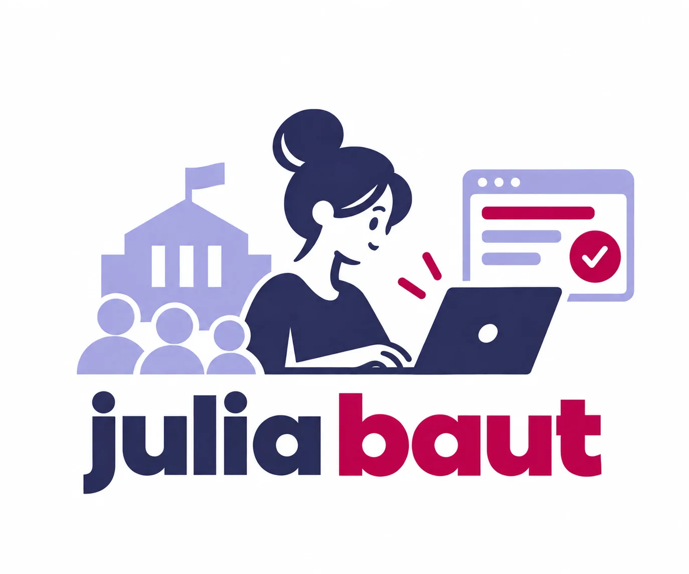 Logo „julia baut“: Illustration einer Person am Laptop neben Verwaltungsgebäude
