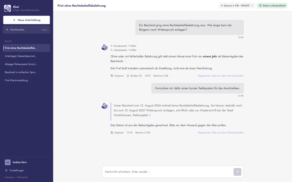 Screenshot von KIWI: KI-Chat beantwortet eine Frage zur Widerspruchsfrist mit Quellenangaben