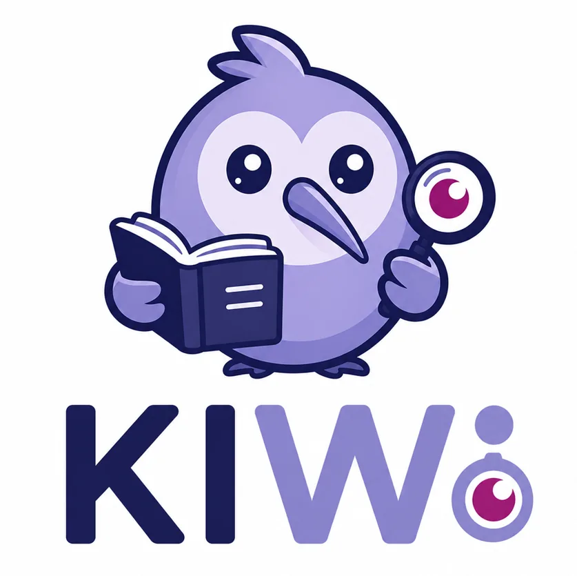 Logo KIWI: Kiwi-Vogel mit Buch und Lupe