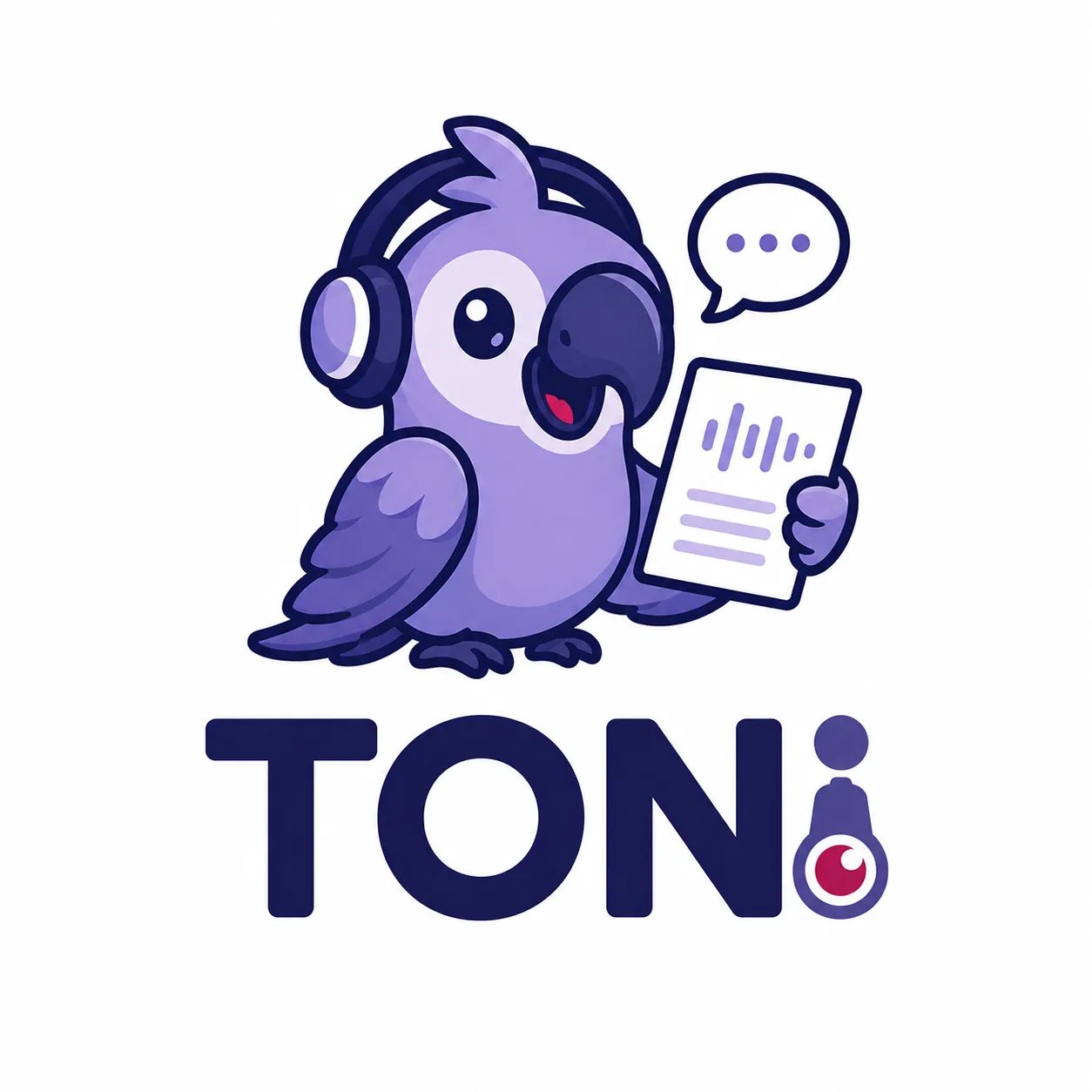 Logo TONI: Papagei mit Kopfhörer und Transkript-Dokument